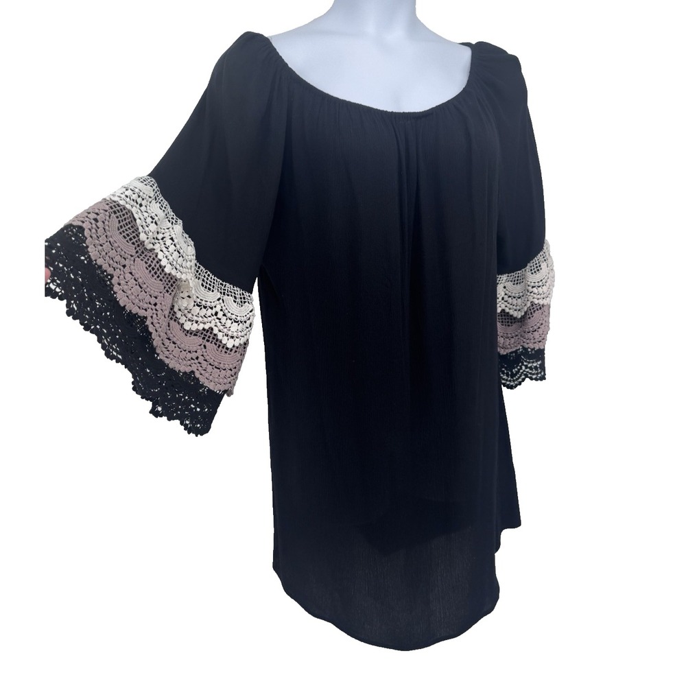 Boho Festival Mini Dress Lace Sleeve Black Western Peasant NWT Cowgirl L rodeo